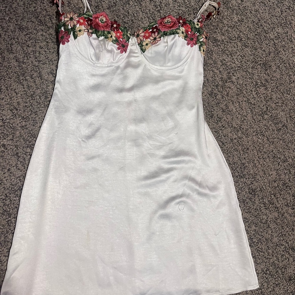 Princess Polly White Satin Mini Dress with Red & Green Floral Appliqué